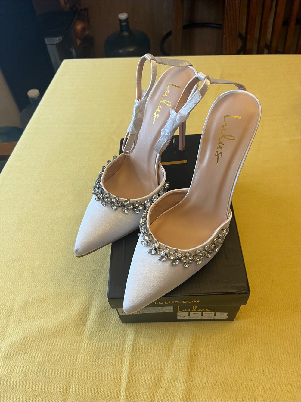 Lulu's Satin White Pointed-Toe Jeweled Slingback Heels